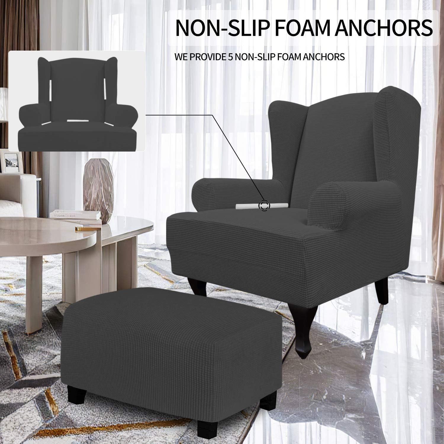 image:imageEasyGoing Stretch Wingback Chair Sofa Slipcover 1Piece Sofa Cover Furniture Protector Couch Soft with Elastic Bottom Spandex Jacquard Fabric Small ChecksWing ChairCamelDark Gray