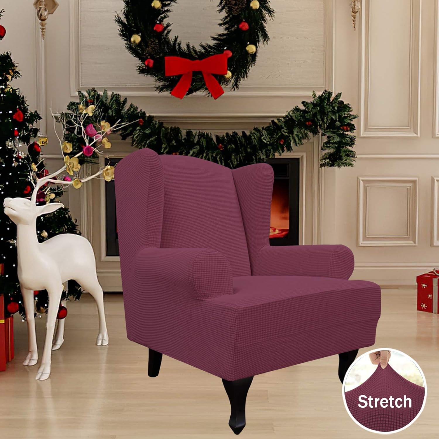 image:imageEasyGoing Stretch Wingback Chair Sofa Slipcover 1Piece Sofa Cover Furniture Protector Couch Soft with Elastic Bottom Spandex Jacquard Fabric Small ChecksWing ChairCamelAsh Rose