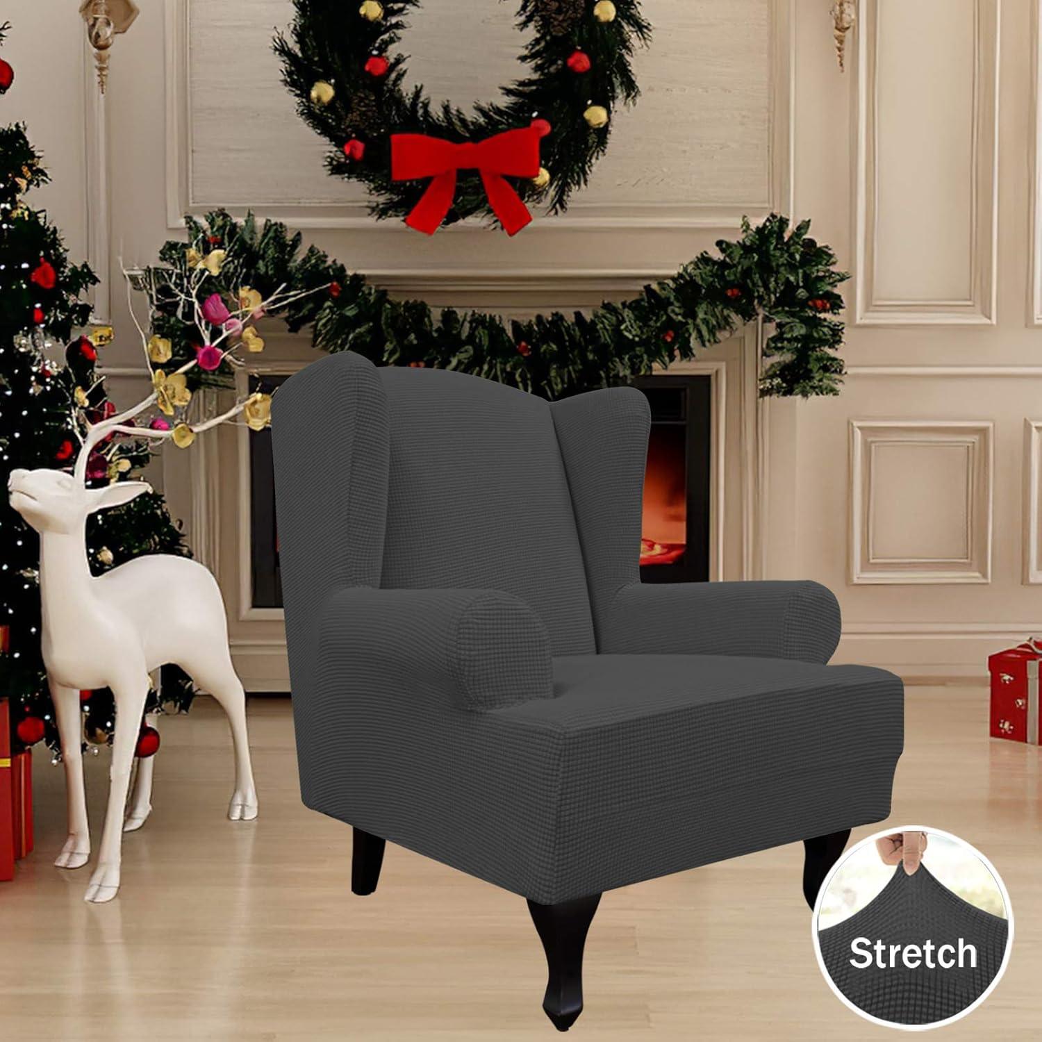 image:imageEasyGoing Stretch Wingback Chair Sofa Slipcover 1Piece Sofa Cover Furniture Protector Couch Soft with Elastic Bottom Spandex Jacquard Fabric Small ChecksWing ChairCamelDark Gray