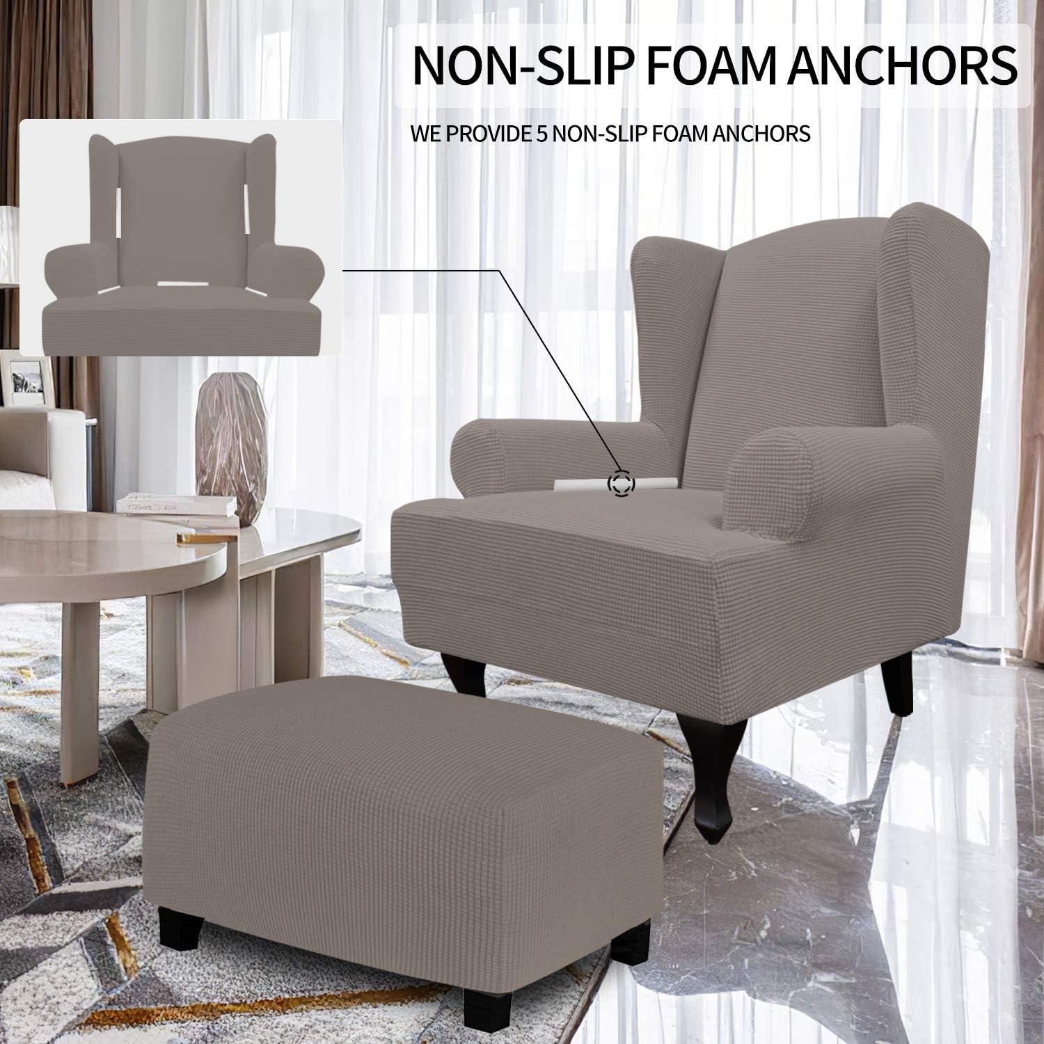image:imageEasyGoing Stretch Wingback Chair Sofa Slipcover 1Piece Sofa Cover Furniture Protector Couch Soft with Elastic Bottom Spandex Jacquard Fabric Small ChecksWing ChairCamelTaupe