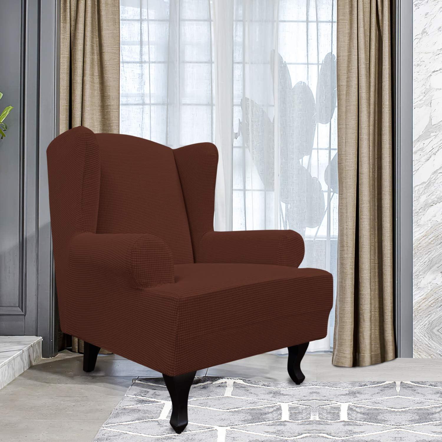 image:imageEasyGoing Stretch Wingback Chair Sofa Slipcover 1Piece Sofa Cover Furniture Protector Couch Soft with Elastic Bottom Spandex Jacquard Fabric Small ChecksWing ChairCamelCoffee