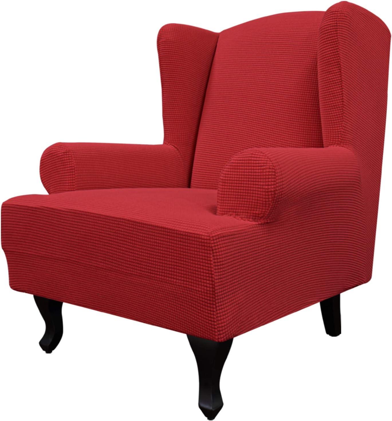 image:imageEasyGoing Stretch Wingback Chair Sofa Slipcover 1Piece Sofa Cover Furniture Protector Couch Soft with Elastic Bottom Spandex Jacquard Fabric Small ChecksWing ChairCamelChristmas Red