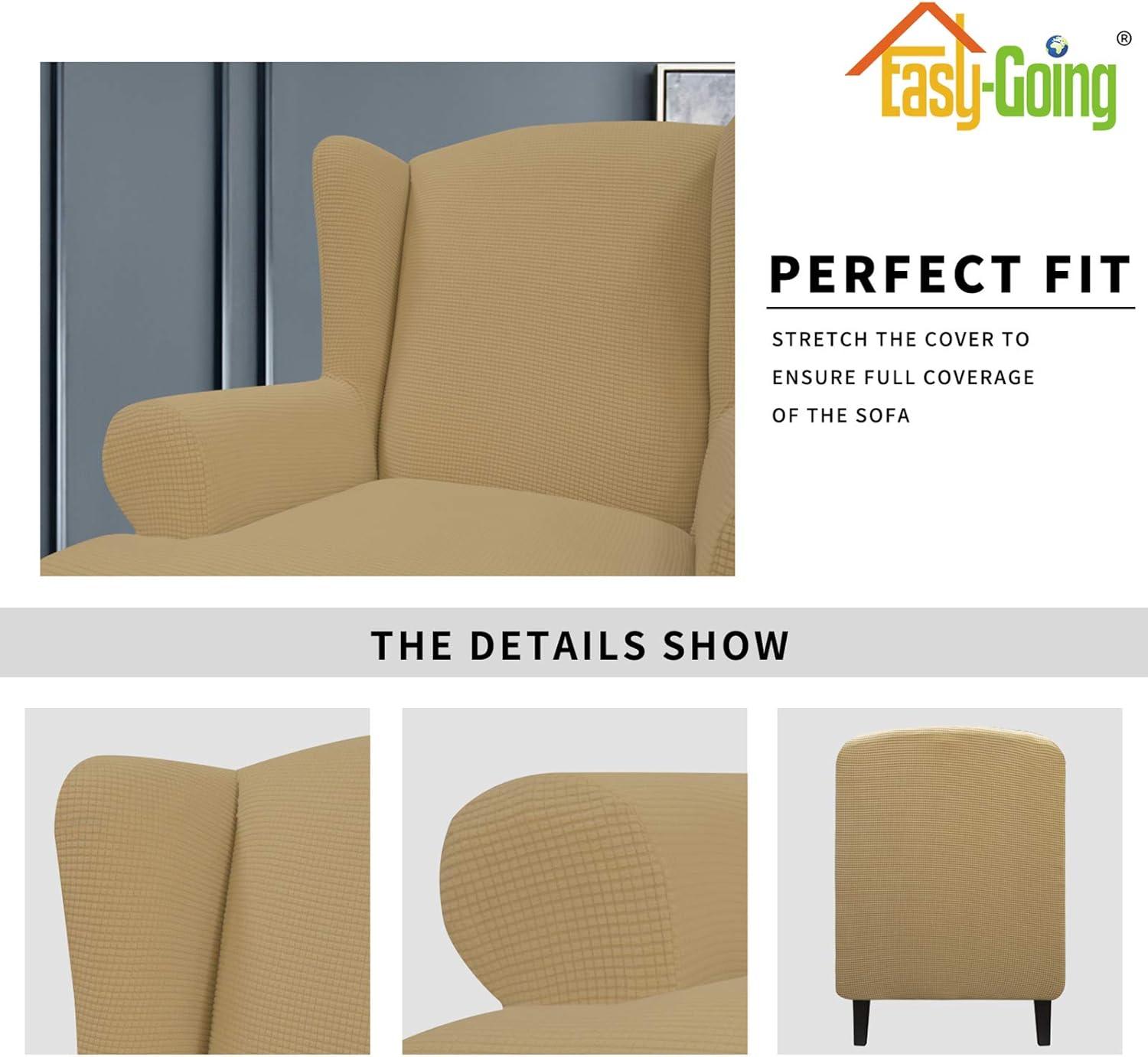image:imageEasyGoing Stretch Wingback Chair Sofa Slipcover 1Piece Sofa Cover Furniture Protector Couch Soft with Elastic Bottom Spandex Jacquard Fabric Small ChecksWing ChairCamelGolden