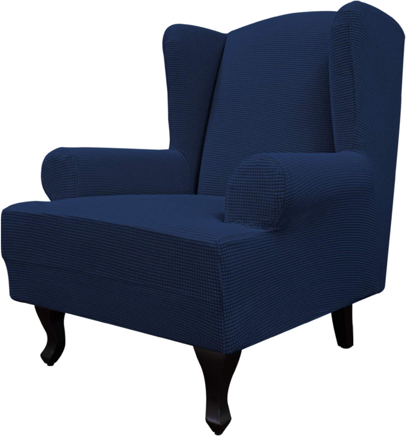 image:imageEasyGoing Stretch Wingback Chair Sofa Slipcover 1Piece Sofa Cover Furniture Protector Couch Soft with Elastic Bottom Spandex Jacquard Fabric Small ChecksWing ChairCamelNavy