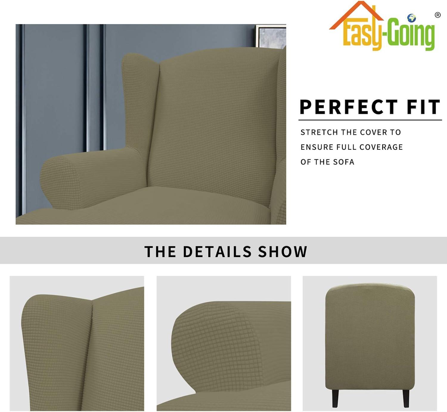 image:imageEasyGoing Stretch Wingback Chair Sofa Slipcover 1Piece Sofa Cover Furniture Protector Couch Soft with Elastic Bottom Spandex Jacquard Fabric Small ChecksWing ChairCamelKhaki