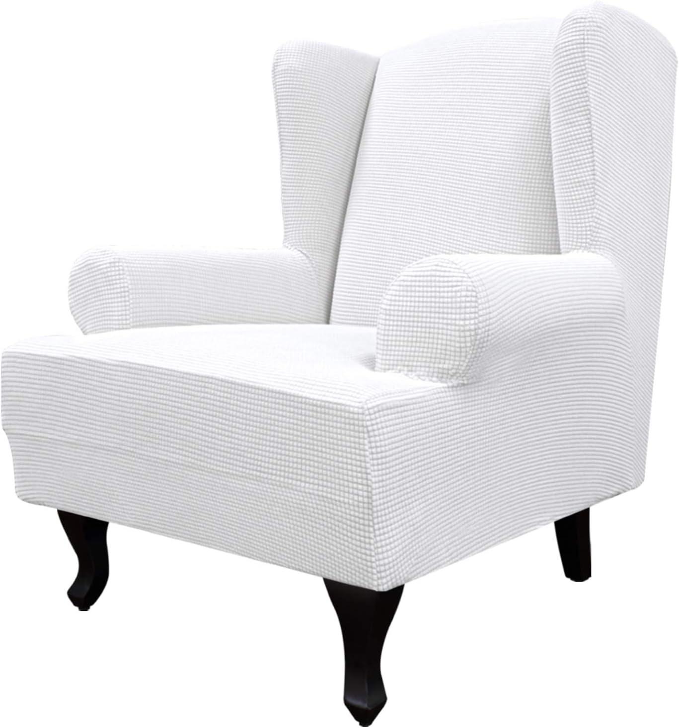 image:imageEasyGoing Stretch Wingback Chair Sofa Slipcover 1Piece Sofa Cover Furniture Protector Couch Soft with Elastic Bottom Spandex Jacquard Fabric Small ChecksWing ChairCamelSnow White