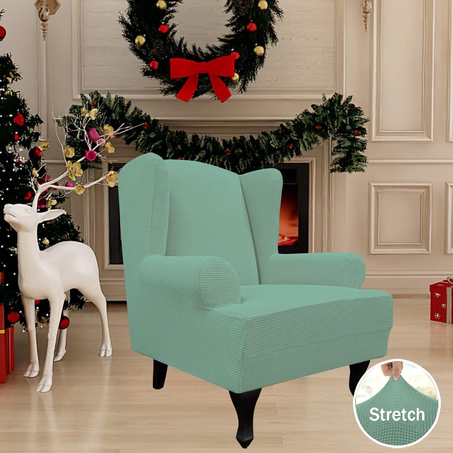 image:imageEasyGoing Stretch Wingback Chair Sofa Slipcover 1Piece Sofa Cover Furniture Protector Couch Soft with Elastic Bottom Spandex Jacquard Fabric Small ChecksWing ChairCamelCyan