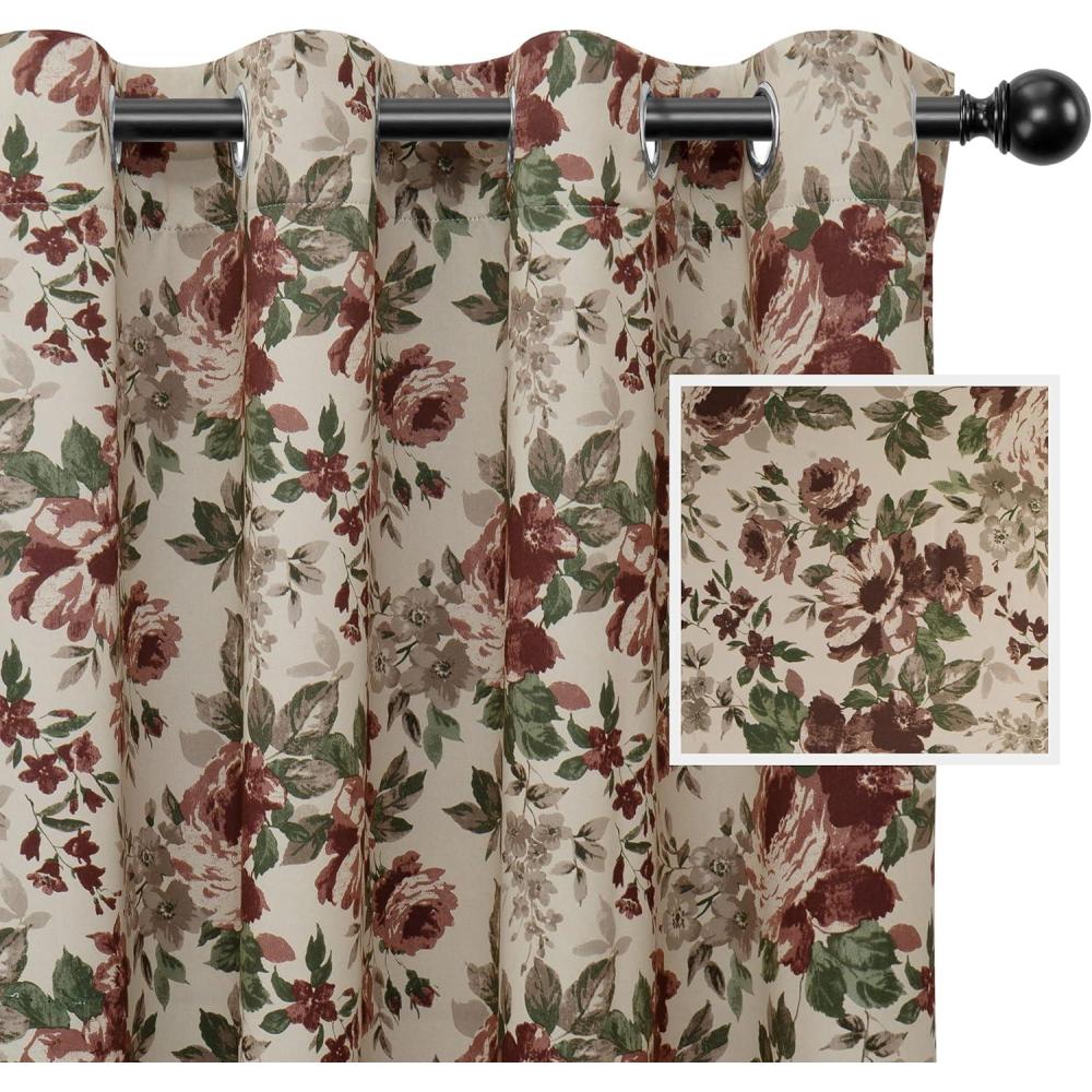 image:imageEasyGoing Floral Printed Blackout Curtain 84 Inch Length Grommet Thermal Insulated Room Darkening Window Curtain for Bedroom Living Room Kids Room Set of 2 Panels BeigeBeige