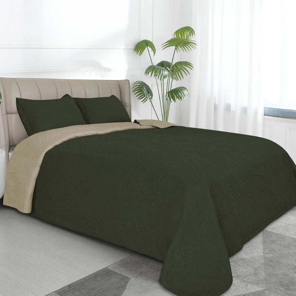 image:imageEasyGoing FullQueen Size Reversible Quilt Set with 1 Quilt and 2 Pillow Shams Soft Bed Quilt Cover Lightweight Microfiber Bedspread Water and Stain Resistant GrayLight GrayDamaskarmy GreenBeige