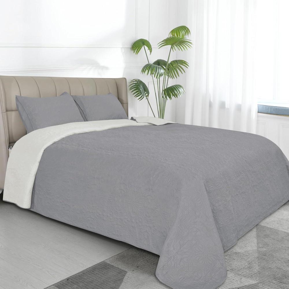 image:imageEasyGoing FullQueen Size Reversible Quilt Set with 1 Quilt and 2 Pillow Shams Soft Bed Quilt Cover Lightweight Microfiber Bedspread Water and Stain Resistant GrayLight GrayDamasklight GrayIvory