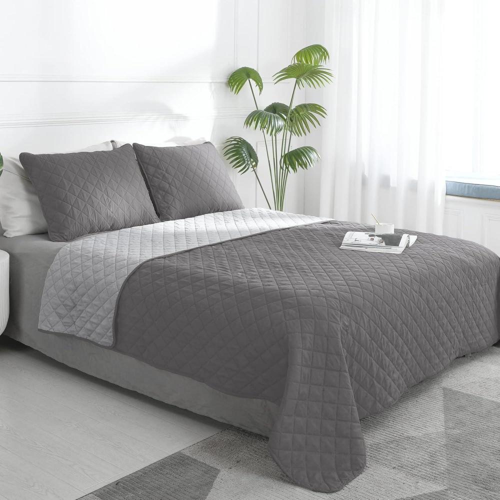image:imageEasyGoing FullQueen Size Reversible Quilt Set with 1 Quilt and 2 Pillow Shams Soft Bed Quilt Cover Lightweight Microfiber Bedspread Water and Stain Resistant GrayLight GrayGrayLight Gray