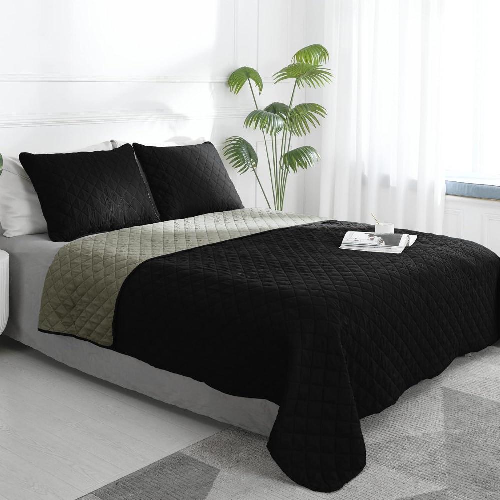 image:imageEasyGoing FullQueen Size Reversible Quilt Set with 1 Quilt and 2 Pillow Shams Soft Bed Quilt Cover Lightweight Microfiber Bedspread Water and Stain Resistant GrayLight GrayBlackBeige