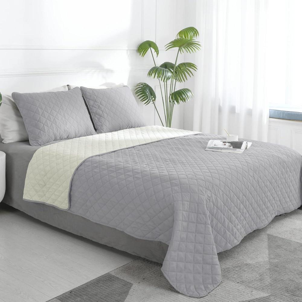 image:imageEasyGoing FullQueen Size Reversible Quilt Set with 1 Quilt and 2 Pillow Shams Soft Bed Quilt Cover Lightweight Microfiber Bedspread Water and Stain Resistant GrayLight GrayLight GrayIvory