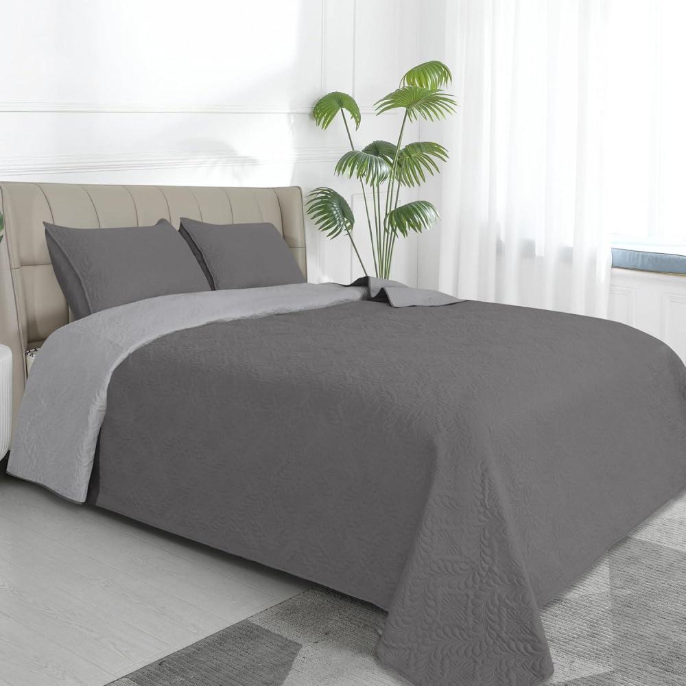 image:imageEasyGoing FullQueen Size Reversible Quilt Set with 1 Quilt and 2 Pillow Shams Soft Bed Quilt Cover Lightweight Microfiber Bedspread Water and Stain Resistant GrayLight GrayOlive LeafgrayLight Gray