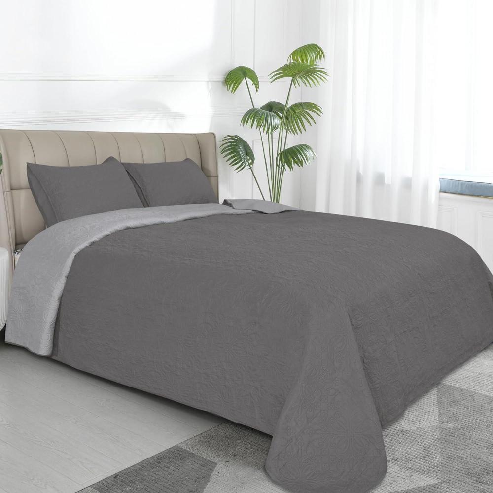 image:imageEasyGoing FullQueen Size Reversible Quilt Set with 1 Quilt and 2 Pillow Shams Soft Bed Quilt Cover Lightweight Microfiber Bedspread Water and Stain Resistant GrayLight GrayDamaskgrayLight Gray