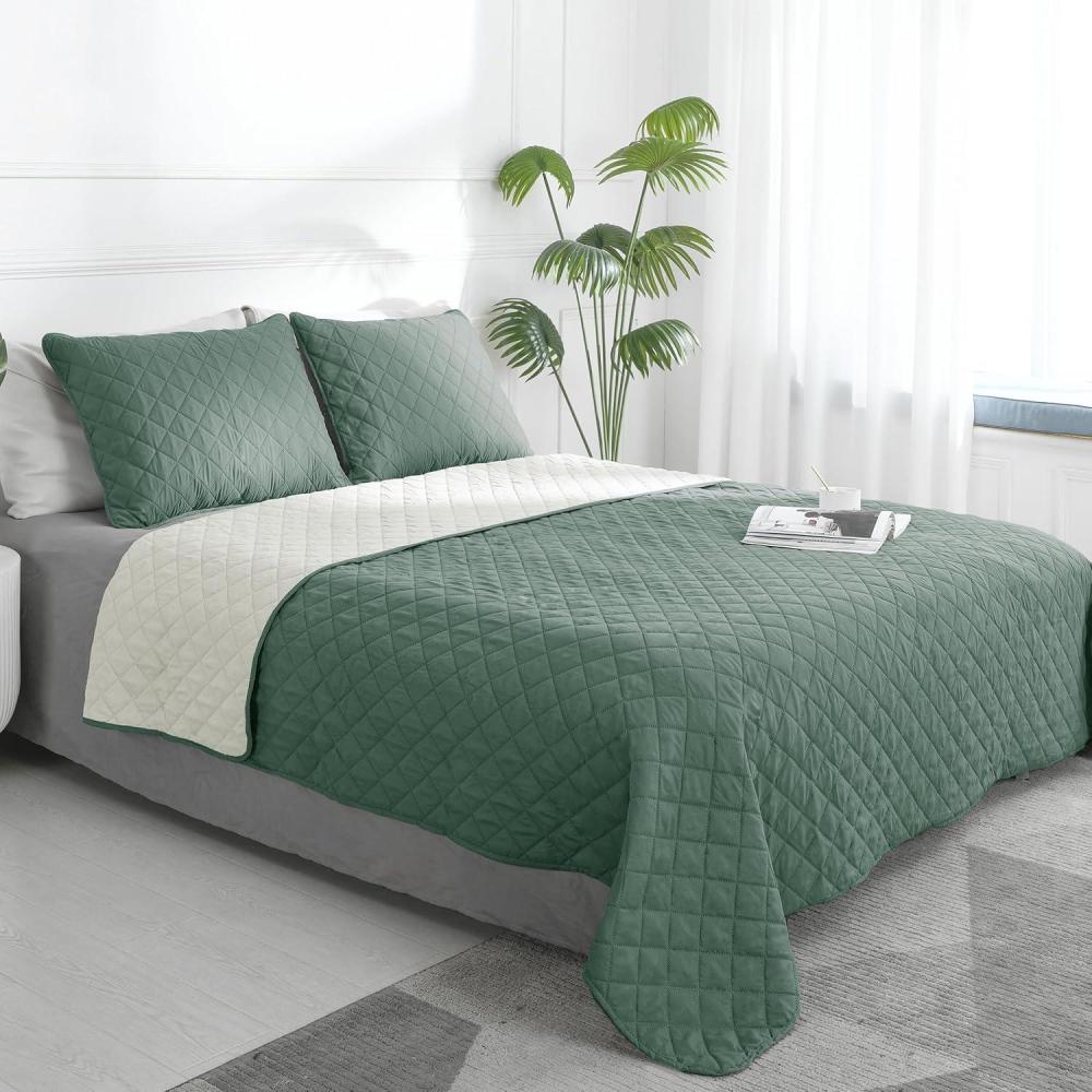 image:imageEasyGoing FullQueen Size Reversible Quilt Set with 1 Quilt and 2 Pillow Shams Soft Bed Quilt Cover Lightweight Microfiber Bedspread Water and Stain Resistant GrayLight GrayCyanIvory