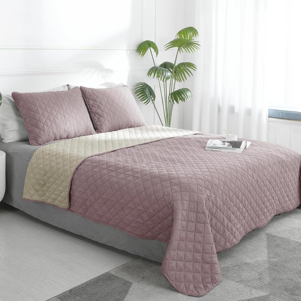 image:imageEasyGoing FullQueen Size Reversible Quilt Set with 1 Quilt and 2 Pillow Shams Soft Bed Quilt Cover Lightweight Microfiber Bedspread Water and Stain Resistant GrayLight GrayPinkBeige