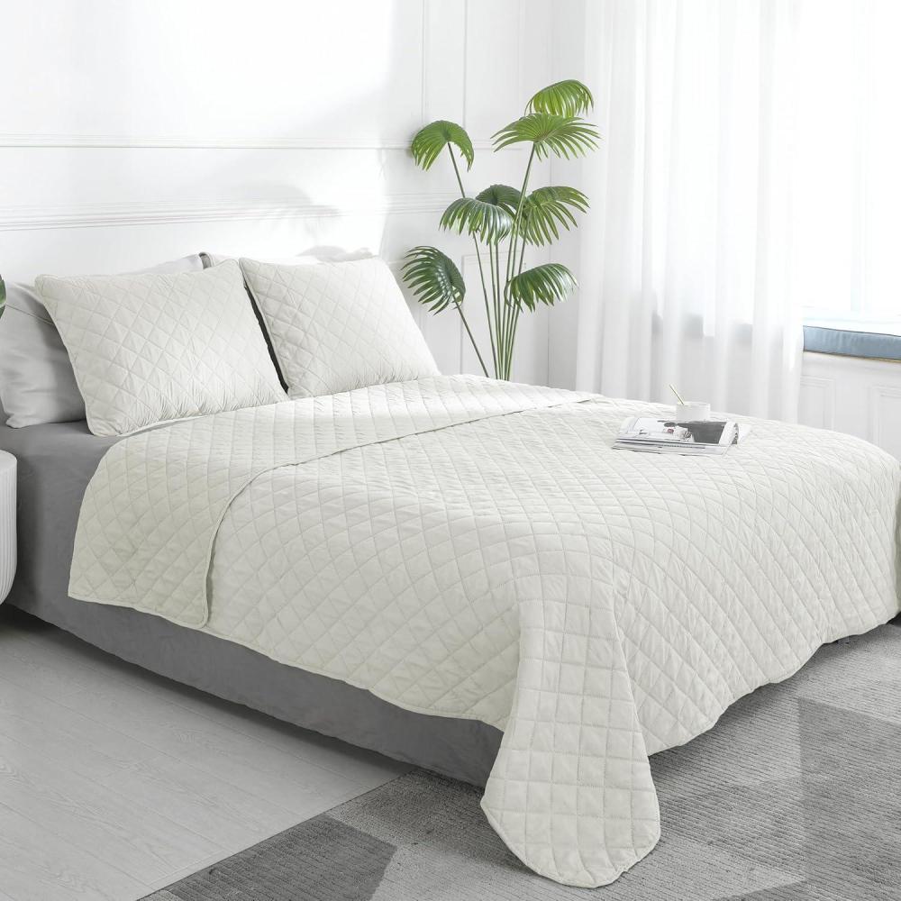 image:imageEasyGoing FullQueen Size Reversible Quilt Set with 1 Quilt and 2 Pillow Shams Soft Bed Quilt Cover Lightweight Microfiber Bedspread Water and Stain Resistant GrayLight GrayIvoryIvory
