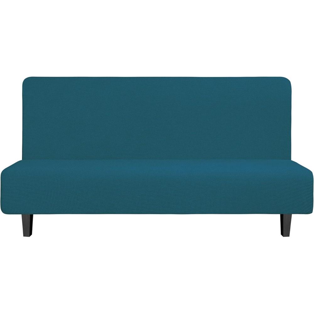 image:imageEasyGoing Stretch Futon Slipcover Armless Futon Bed Cover Furniture Protector Without Armrests with Elastic Bottom for Kids Soft Jacquard Fabric Small Checks Large Dark GrayPeacock Blue