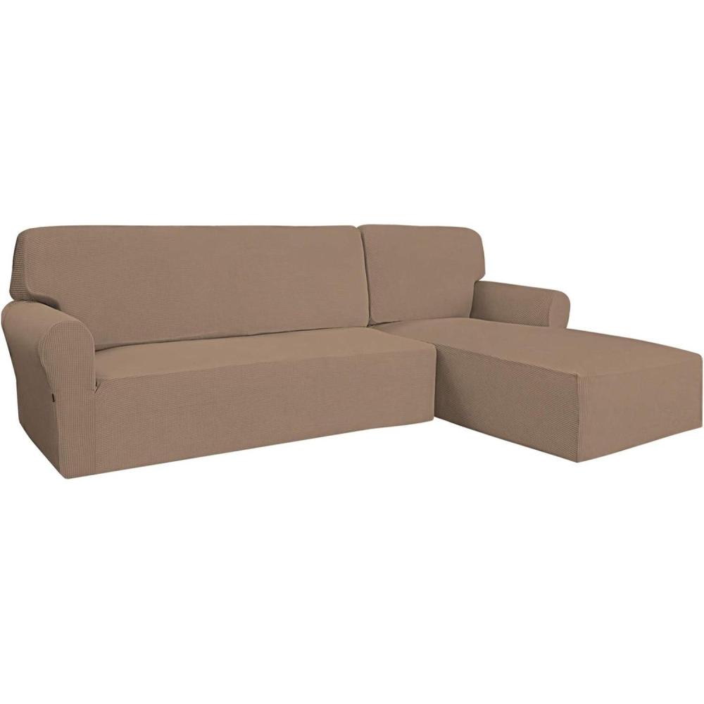 image:imageEasyGoing Stretch Sofa Slipcover 2 Pieces LShaped Sofa Cover Sectional Couch Cover for Living Room Jacquard Fabric Chaise Lounge Slipcover with Elastic Bottom for Dogs Kids PetsLargeChocolateCamel