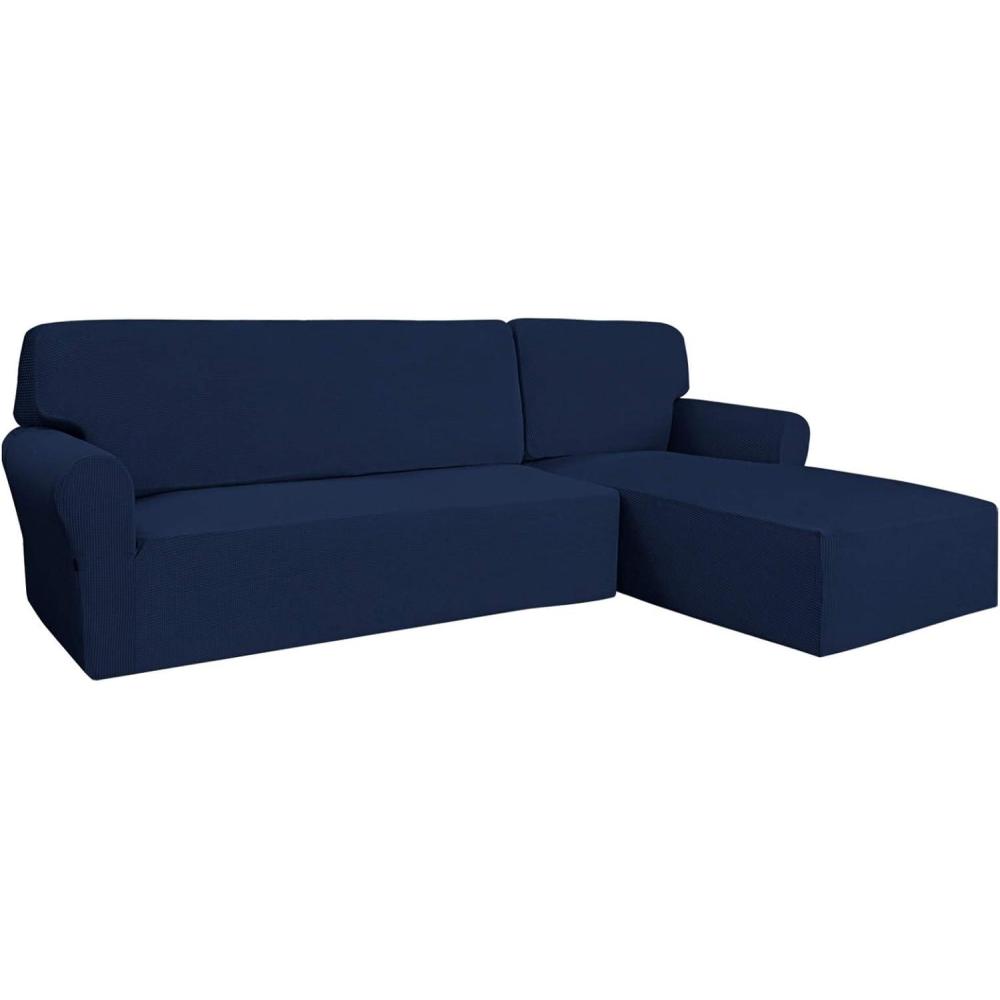 image:imageEasyGoing Stretch Sofa Slipcover 2 Pieces LShaped Sofa Cover Sectional Couch Cover for Living Room Jacquard Fabric Chaise Lounge Slipcover with Elastic Bottom for Dogs Kids PetsLargeChocolateNavy