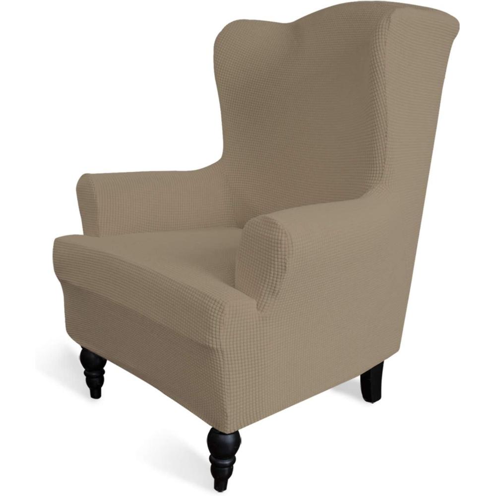 image:imageEasyGoing Stretch Wingback Chair Sofa Slipcover 1Piece Sofa Cover Furniture Protector Couch Soft with Elastic Bottom Spandex Jacquard Fabric Small ChecksWing ChairCamelNatural