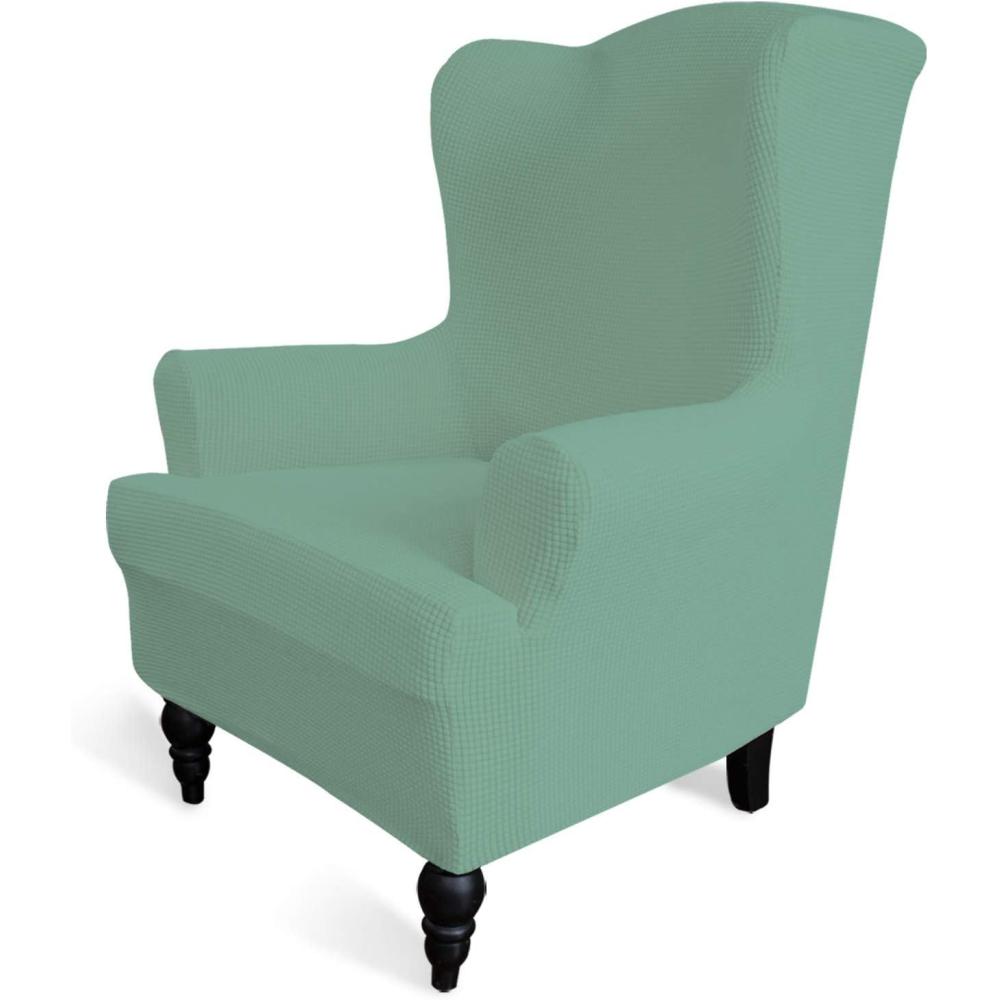 image:imageEasyGoing Stretch Wingback Chair Sofa Slipcover 1Piece Sofa Cover Furniture Protector Couch Soft with Elastic Bottom Spandex Jacquard Fabric Small ChecksWing ChairCamelCyan