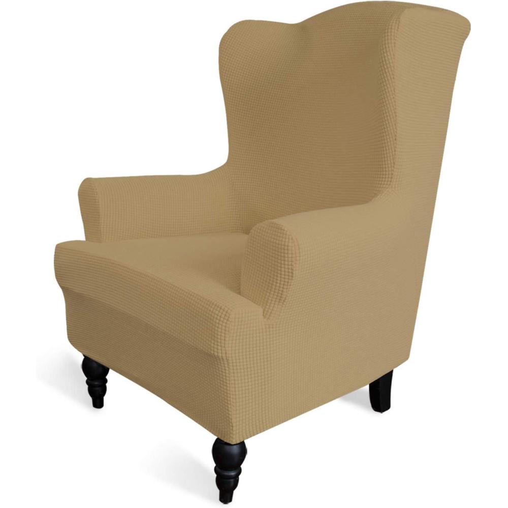 image:imageEasyGoing Stretch Wingback Chair Sofa Slipcover 1Piece Sofa Cover Furniture Protector Couch Soft with Elastic Bottom Spandex Jacquard Fabric Small ChecksWing ChairCamelGolden