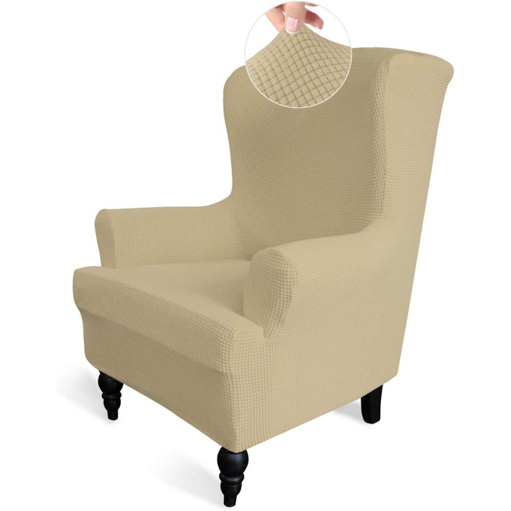 image:imageEasyGoing Stretch Wingback Chair Sofa Slipcover 1Piece Sofa Cover Furniture Protector Couch Soft with Elastic Bottom Spandex Jacquard Fabric Small ChecksWing ChairCamelBeige