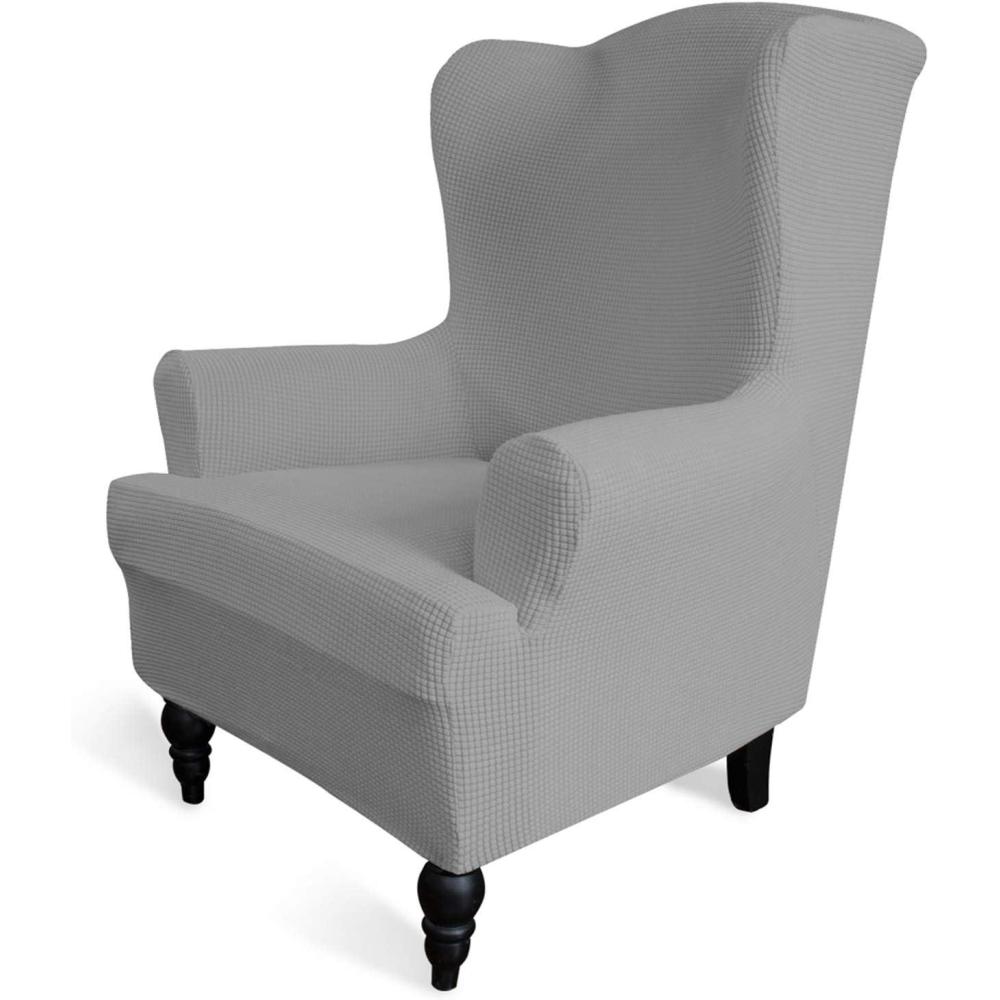 image:imageEasyGoing Stretch Wingback Chair Sofa Slipcover 1Piece Sofa Cover Furniture Protector Couch Soft with Elastic Bottom Spandex Jacquard Fabric Small ChecksWing ChairCamelLight Gray