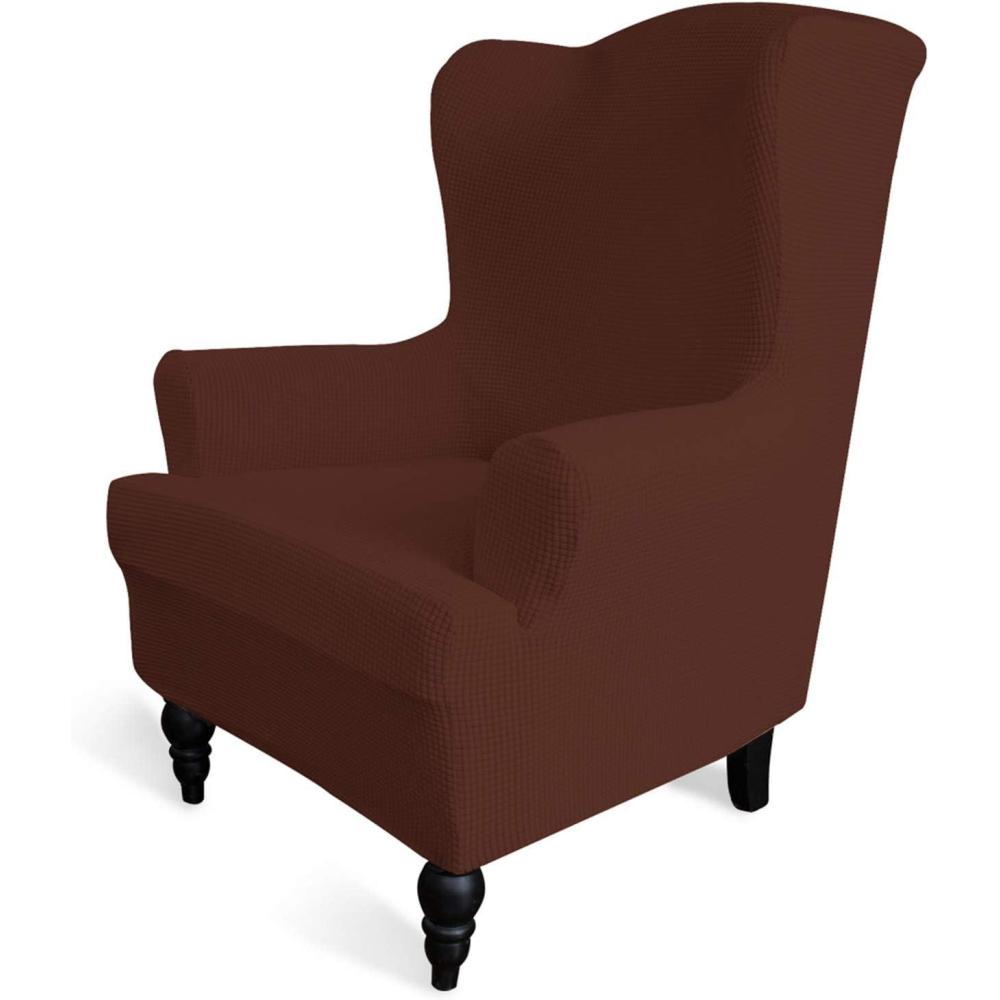 image:imageEasyGoing Stretch Wingback Chair Sofa Slipcover 1Piece Sofa Cover Furniture Protector Couch Soft with Elastic Bottom Spandex Jacquard Fabric Small ChecksWing ChairCamelCoffee