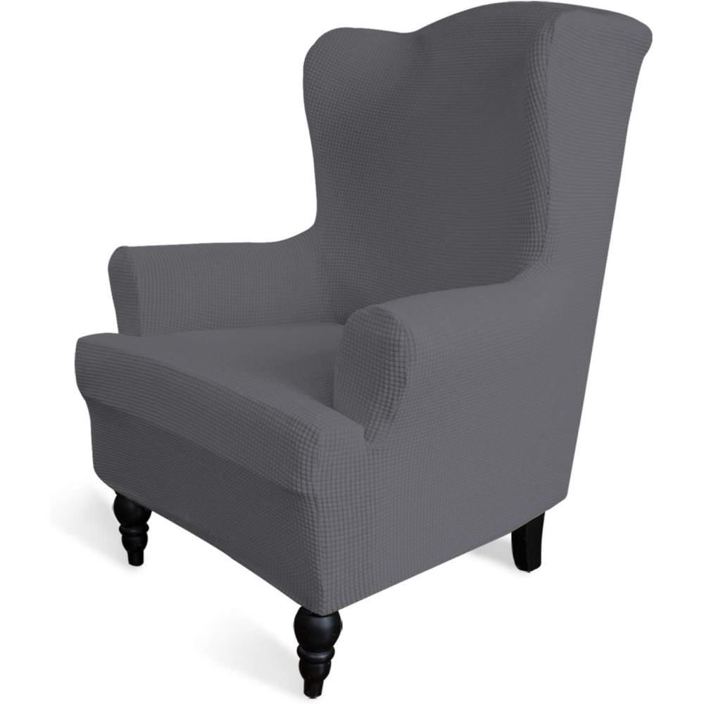 image:imageEasyGoing Stretch Wingback Chair Sofa Slipcover 1Piece Sofa Cover Furniture Protector Couch Soft with Elastic Bottom Spandex Jacquard Fabric Small ChecksWing ChairCamelGrey