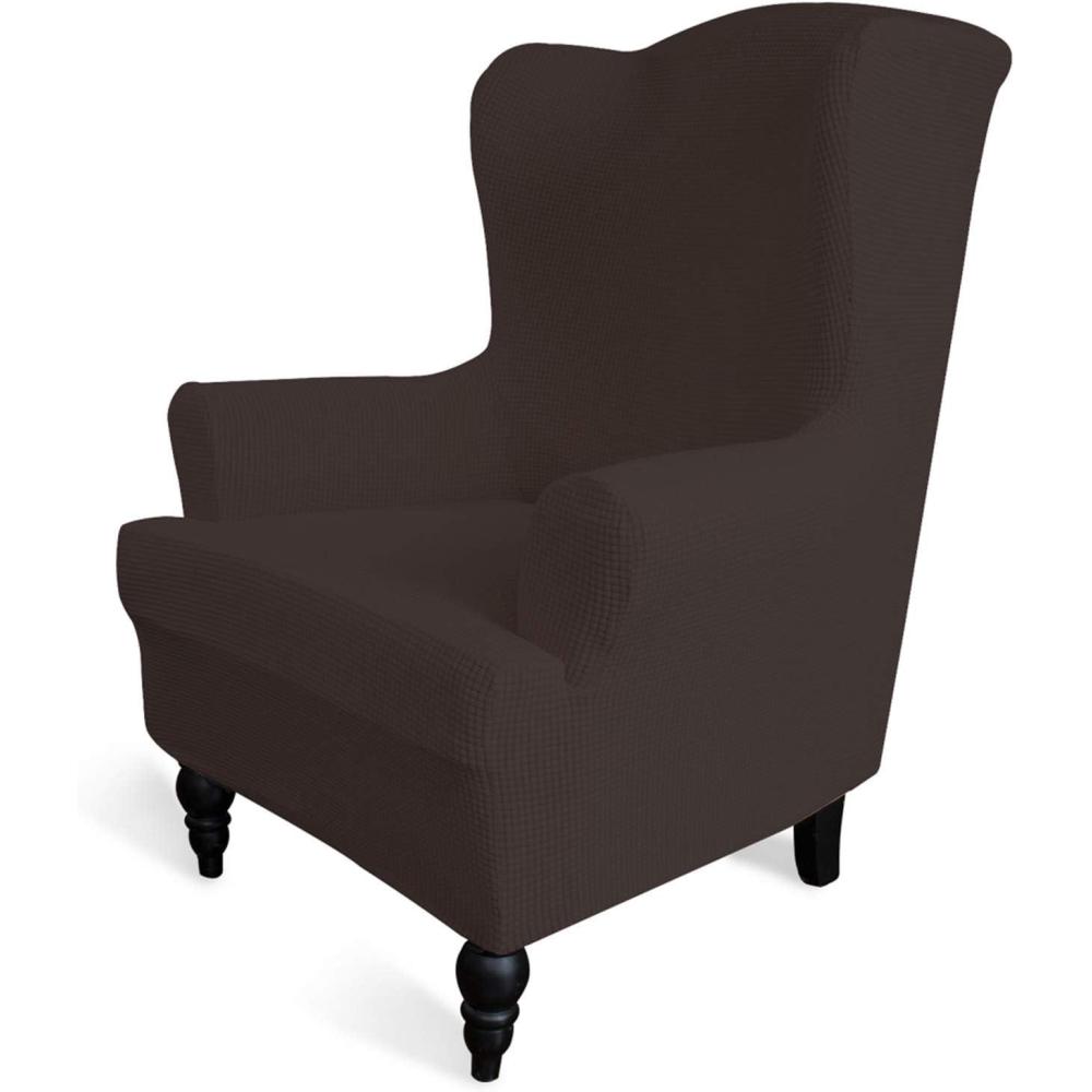 image:imageEasyGoing Stretch Wingback Chair Sofa Slipcover 1Piece Sofa Cover Furniture Protector Couch Soft with Elastic Bottom Spandex Jacquard Fabric Small ChecksWing ChairCamelChocolate