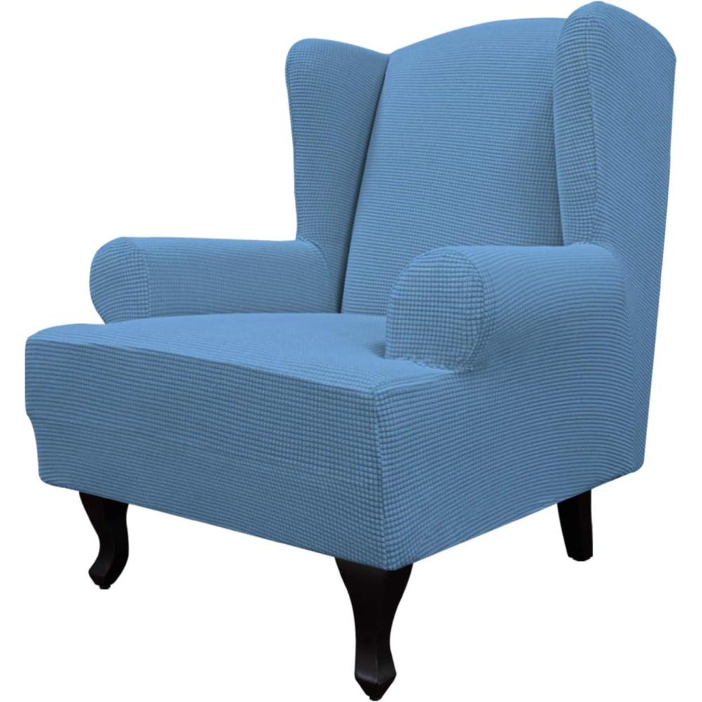 image:imageEasyGoing Stretch Wingback Chair Sofa Slipcover 1Piece Sofa Cover Furniture Protector Couch Soft with Elastic Bottom Spandex Jacquard Fabric Small ChecksWing ChairCamelLight Blue