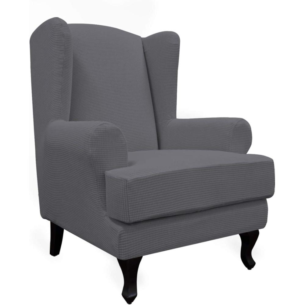 image:imageEasyGoing Stretch Wingback Chair Sofa Slipcover 2Piece Sofa Cover Furniture Protector Couch Soft with Elastic Bottom Spandex Jacquard Fabric Small Checks Dark GrayGrey