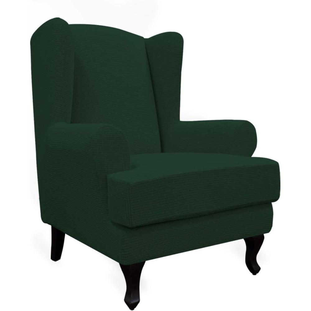 image:imageEasyGoing Stretch Wingback Chair Sofa Slipcover 2Piece Sofa Cover Furniture Protector Couch Soft with Elastic Bottom Spandex Jacquard Fabric Small Checks Dark GrayDark Green