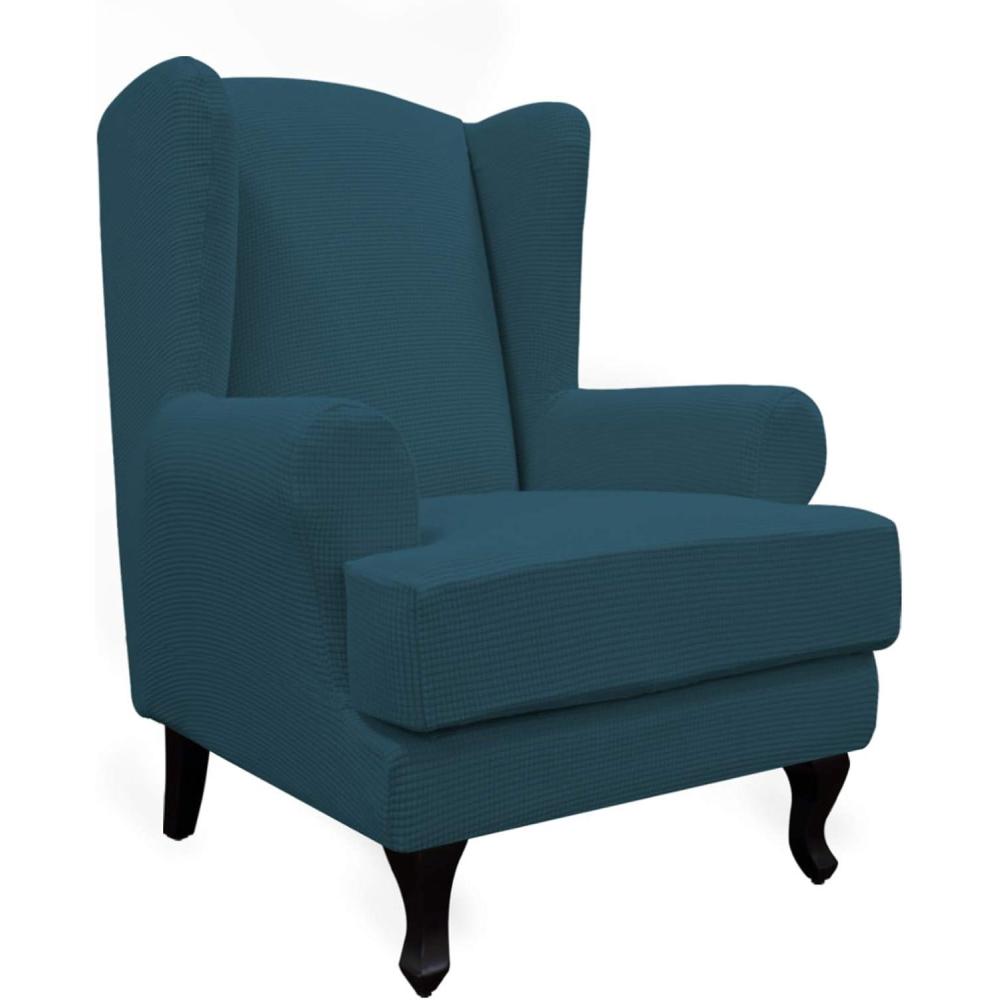 image:imageEasyGoing Stretch Wingback Chair Sofa Slipcover 2Piece Sofa Cover Furniture Protector Couch Soft with Elastic Bottom Spandex Jacquard Fabric Small Checks Dark GrayDeep Teal