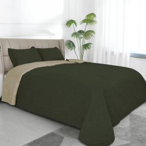 Easy-Going Full/Queen Size Reversible Quilt Set with 1 Quilt and 2 Pillow Shams, Soft Bed Quilt Cover, Lightweight Microfiber Bedspread, Water and Stain Resistant, Gray/Light Gray(Damask-army Green/Beige)