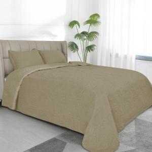 Easy-Going Full/Queen Size Reversible Quilt Set with 1 Quilt and 2 Pillow Shams, Soft Bed Quilt Cover, Lightweight Microfiber Bedspread, Water and Stain Resistant, Gray/Light Gray(Damask-beige/Beige)