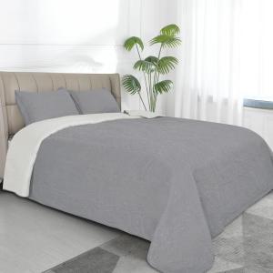 Easy-Going Full/Queen Size Reversible Quilt Set with 1 Quilt and 2 Pillow Shams, Soft Bed Quilt Cover, Lightweight Microfiber Bedspread, Water and Stain Resistant, Gray/Light Gray(Damask-light Gray/Ivory)