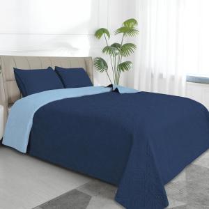 Easy-Going Full/Queen Size Reversible Quilt Set with 1 Quilt and 2 Pillow Shams, Soft Bed Quilt Cover, Lightweight Microfiber Bedspread, Water and Stain Resistant, Gray/Light Gray(Olive Leaf-dark Blue/Light Blue)