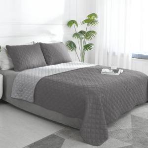 Easy-Going Full/Queen Size Reversible Quilt Set with 1 Quilt and 2 Pillow Shams, Soft Bed Quilt Cover, Lightweight Microfiber Bedspread, Water and Stain Resistant, Gray/Light Gray(Gray/Light Gray)