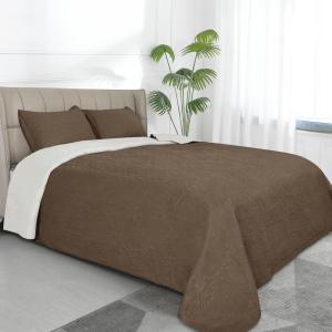 Easy-Going Full/Queen Size Reversible Quilt Set with 1 Quilt and 2 Pillow Shams, Soft Bed Quilt Cover, Lightweight Microfiber Bedspread, Water and Stain Resistant, Gray/Light Gray(Damask-camel/Ivory)