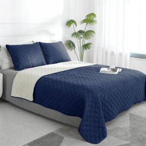 Easy-Going Full/Queen Size Reversible Quilt Set with 1 Quilt and 2 Pillow Shams, Soft Bed Quilt Cover, Lightweight Microfiber Bedspread, Water and Stain Resistant, Gray/Light Gray(Navy/Ivory)