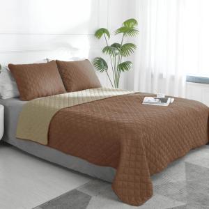 Easy-Going Full/Queen Size Reversible Quilt Set with 1 Quilt and 2 Pillow Shams, Soft Bed Quilt Cover, Lightweight Microfiber Bedspread, Water and Stain Resistant, Gray/Light Gray(Brown/Beige)