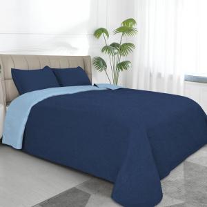 Easy-Going Full/Queen Size Reversible Quilt Set with 1 Quilt and 2 Pillow Shams, Soft Bed Quilt Cover, Lightweight Microfiber Bedspread, Water and Stain Resistant, Gray/Light Gray(Damask-dark Blue/Light Blue)