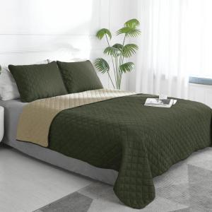 Easy-Going Full/Queen Size Reversible Quilt Set with 1 Quilt and 2 Pillow Shams, Soft Bed Quilt Cover, Lightweight Microfiber Bedspread, Water and Stain Resistant, Gray/Light Gray(Army Green/Beige)