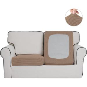 Easy-Going Stretch 4 Pieces Couch Cushion Covers for Sectional Sofa Left/Right L Shape Chaise Lounge Sofa Seat slipcover Anti-Slip Sofa Cover Soft (3 Seater + 1 Chaise, Dark Gray)(Camel)