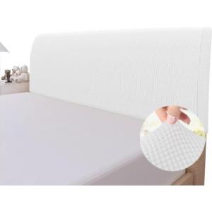 Easy-Going Stretch Bed Headboard Slipcover, Small Square Jacquard Furniture Cover, Dustproof Protector Cover for Bedroom Decor (Queen, Cream)(White)