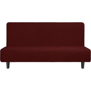 Easy-Going Stretch Futon Slipcover Armless Futon Bed Cover Furniture Protector Without Armrests with Elastic Bottom for Kids, Soft Jacquard Fabric Small Checks (Large, Dark Gray)(Wine)